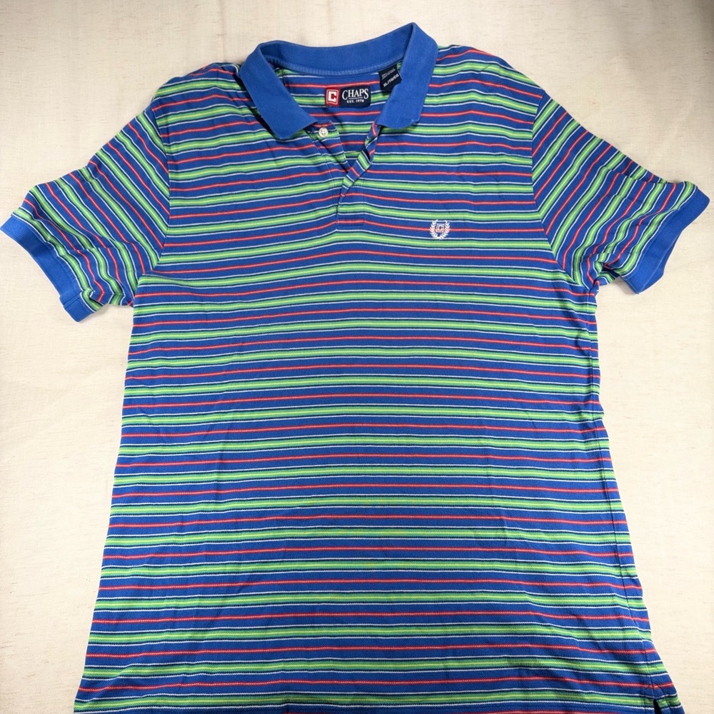 Chaps Blue Polo with Green, Pink and Navy Stripes
